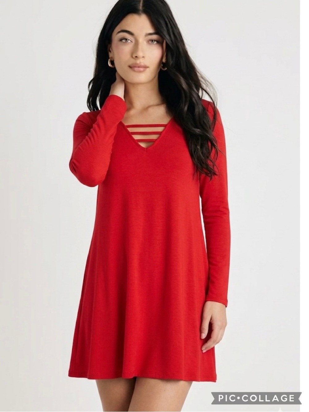 Venus Red Knit Swing A-line Long Sleeve Mini Dress L Cocktail Party